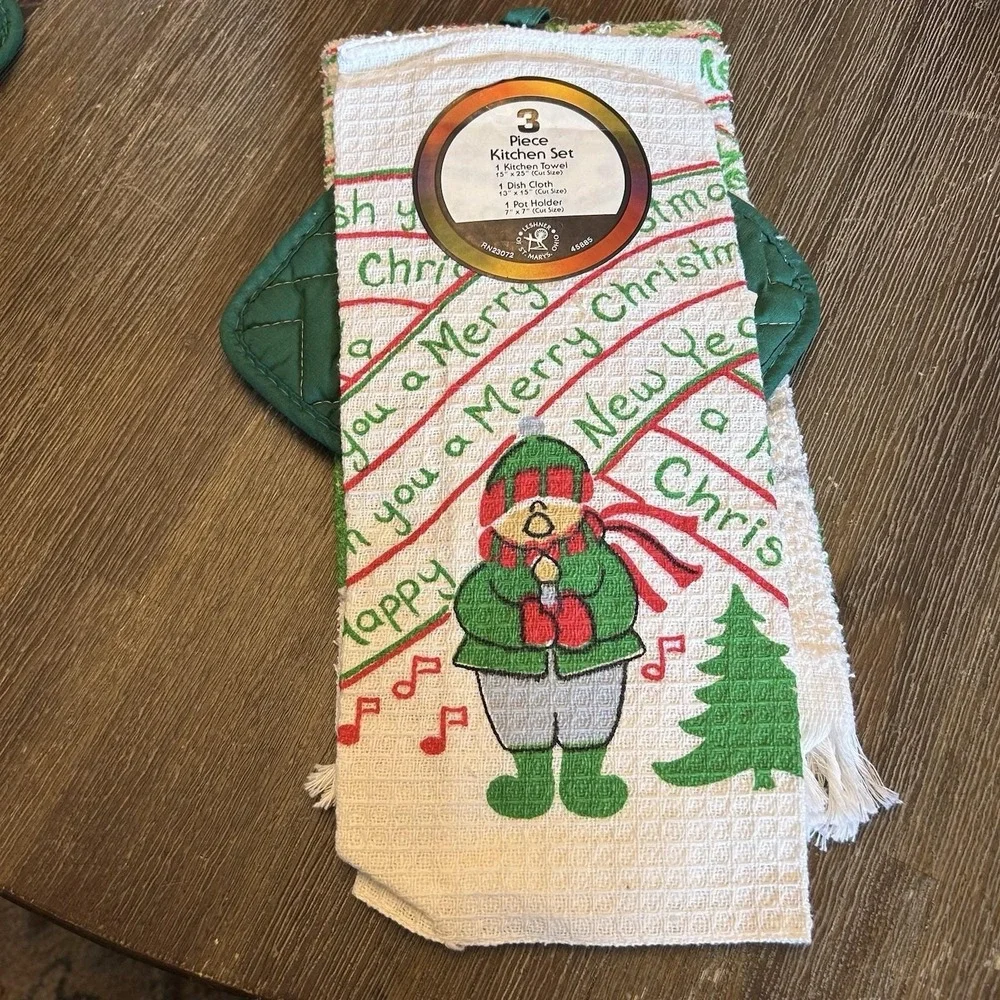 Vintage Christmas Kitchen Towel‎ Set Hot Pad Pot Holder Dish Cloth NOS Carolers